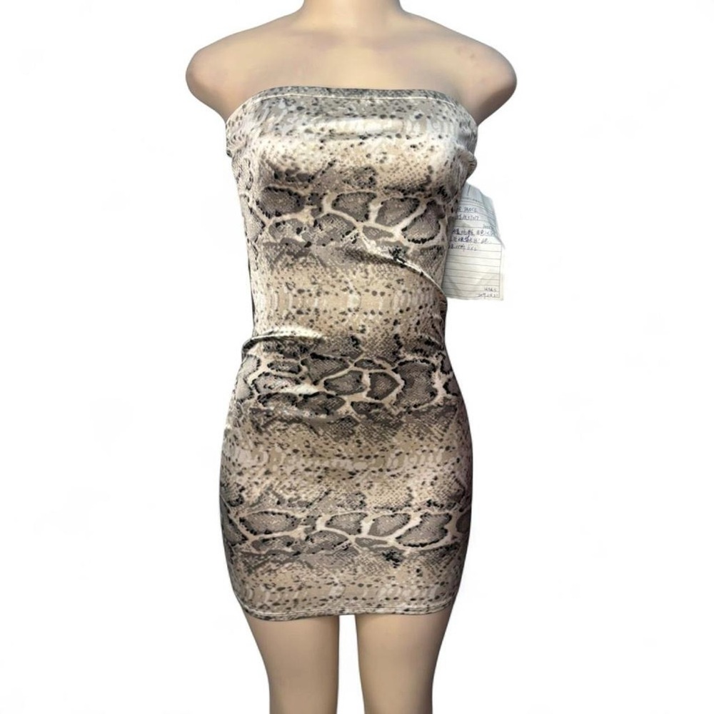 Taupe Snakeskin Print Satin Y2K Strapless Bodycon Mini Dress